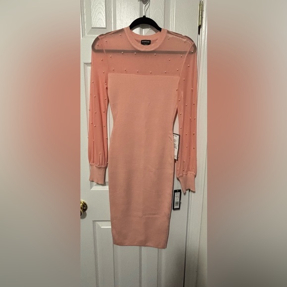 NWT BEBE SZ XS BLUSH with/Pearls Mesh Midi Sweater Dress #107862 - Picture 3 of 7